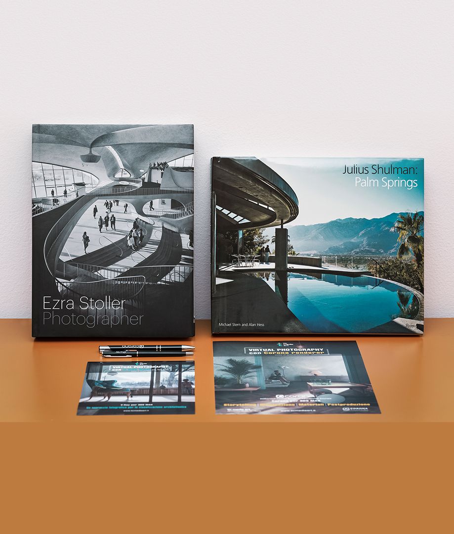 Nel nostro corso di rendering studiamo le tecniche espressive dei grandi fotografi di architettura | nella foto, pubblicazioni di Julius Shulman ed Ezra Stoller | Corsi di formazione ufficiali | TIC Visual Art